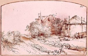 Krajobraz z Chatą i Haybarn autorstwa Rembrandt Harmensz. van Rijn