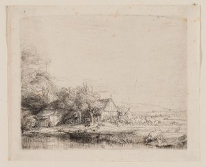 Krajobraz z pijącą krową, ok. 1650 r. (akwaforta i sucha igła na papierze z kości słoniowej) autorstwa Rembrandt Harmensz. van Rijn