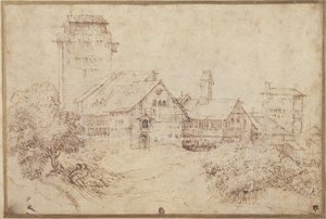 Krajobraz z budynkami i kochankami, obejmującymi, według Tycjana (pióro i brązowy atrament z czerwoną kredą na papierze) autorstwa Rembrandt Harmensz. van Rijn