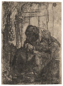 Stara kobieta siedząca w chacie ze sznurkiem cebuli na ścianie, ok. 1629 (akwaforta) autorstwa Rembrandt Harmensz. van Rijn