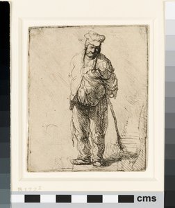 Obdarty chłop z rękami za sobą, trzymający kij, ok. 1630 (akwaforta) autorstwa Rembrandt van Rijn