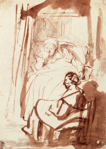Saskia leżąca w łóżku, kobieta siedząca u jej stóp autorstwa Rembrandt Harmensz. van Rijn