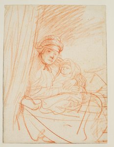 Saskia siedząca na łóżku, trzymająca dziecko, 1635 ok autorstwa Rembrandt van Rijn