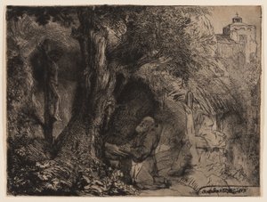 Św. Franciszek modli się pod drzewem autorstwa Rembrandt Harmensz. van Rijn