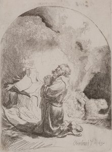 Modlitwa św. Hieronima: nadruk łukowy autorstwa Rembrandt van Rijn