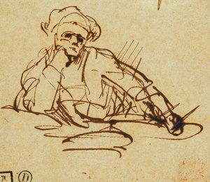 Studium pisarza siedzącego, zamyślonego, autorstwa Rembrandt van Rijn