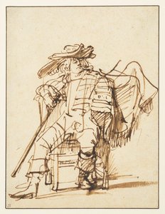 Studium siedzącego aktora w kapeluszu z pióropuszem - Capitano z Commedia dell"Arte, recto, 1636-c.1638 autorstwa Rembrandt van Rijn