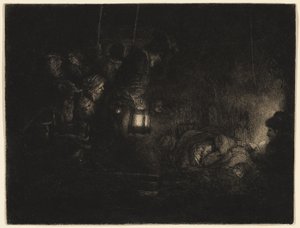 The Adoration of the Shepherds: A Night Piece, ok. 1657 (akwaforta, sucha igła i rylec w kolorze czarnym na papierze z kości słoniowej) autorstwa Rembrandt Harmensz. van Rijn