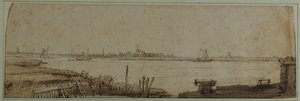 Widok na rzekę IJ z Diemerdijk, ok. 1650 (pióro i tusz z brązowym washem i białym kolorem ciała na papierze) autorstwa Rembrandt Harmensz. van Rijn