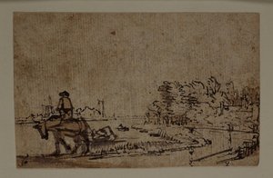 Widok na rzekę Amstel, z koniem ciągnącym barkę, ok. 1650 (pióro i tusz z brązową farbą na papierze) autorstwa Rembrandt Harmensz. van Rijn