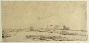 Woda, łąki i zagroda (pióro i atrament na papierze) autorstwa Rembrandt Harmensz. van Rijn