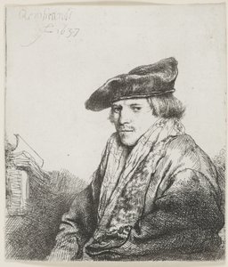 Młody mężczyzna w aksamitnej czapce z książkami obok siebie autorstwa Rembrandt van Rijn