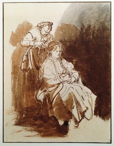 Młoda kobieta w jej toalecie. Włosy starej pokojówki. (Rysunek tuszem, ok. 1635) autorstwa Rembrandt van Rijn