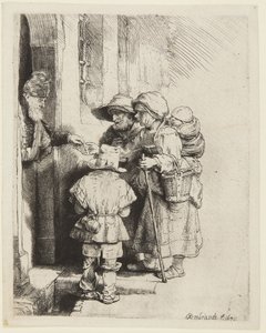 Niewidomy grajek na lirze korbowej i jego rodzina otrzymujący jałmużnę autorstwa Rembrandt van Rijn