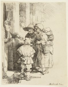 Niewidomy grajek na lirze korbowej i jego rodzina otrzymujący jałmużnę autorstwa Rembrandt van Rijn