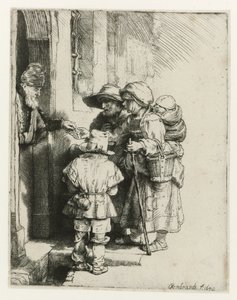 Niewidomy gracz na lirze korbowej i jego rodzina Niewidomy gracz liry korbowej i rodzina otrzymująca jałmużnę autorstwa Rembrandt van Rijn