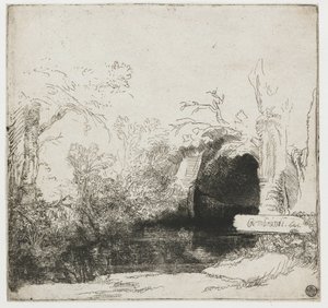 Potok z grotą i łódką („Het spelonkje”) Potok z grotą i łódką autorstwa Rembrandt van Rijn