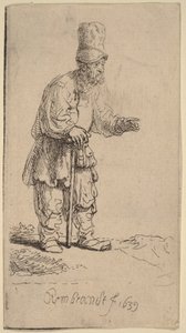 Chłop w wysokiej czapce, stojący i opierający się na lasce autorstwa Rembrandt van Rijn