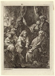 Tłum ludzi zebrał się wokół siedzącego starca autorstwa Rembrandt van Rijn