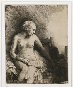 Kobieta w wannie z kapeluszem obok siebie, 1658 autorstwa Rembrandt van Rijn