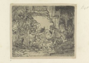 Aanbidding der herders: met de olielamp Kolekcja osiemdziesięciu pięciu oryginalnych grafik (tytuł serii) autorstwa Rembrandt van Rijn
