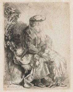 Abraham pieszczący Izaaka Jakub pieszczący Benjamina autorstwa Rembrandt van Rijn