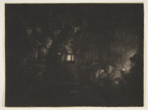 Adoracja pasterzy. Nocny kawałek, ca. 1657. autorstwa Rembrandt van Rijn