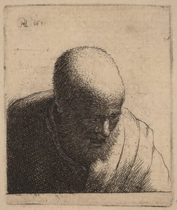 Łysy mężczyzna z otwartymi ustami, spoglądający w dół autorstwa Rembrandt van Rijn