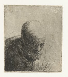 Łysy mężczyzna z otwartymi ustami, patrząc w dół: biust autorstwa Rembrandt van Rijn