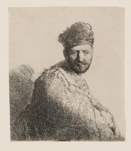 Brodaty mężczyzna w futrzanej orientalnej czapce i szacie: portret do połowy postaci autorstwa Rembrandt van Rijn