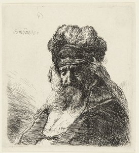 Brodaty starzec w wysokiej futrzanej czapce, z zamkniętymi oczami autorstwa Rembrandt van Rijn