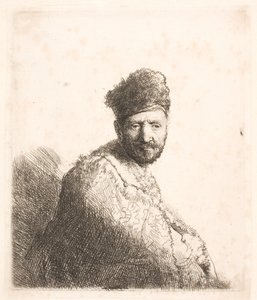 Brodaty mężczyzna (ojciec Rembrandta) w futrzanej orientalnej czapce i szacie: portret do połowy postaci autorstwa Rembrandt van Rijn