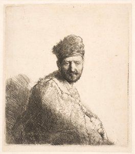 Brodaty mężczyzna (ojciec Rembrandta) w futrzanej orientalnej czapce i szacie: portret do połowy postaci autorstwa Rembrandt van Rijn