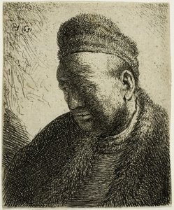 Bezbrody mężczyzna w futrzanym płaszczu i czapce: biust autorstwa Rembrandt van Rijn