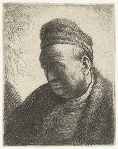Mężczyzna bez brody w futrzanej pelerynie i czapce: biust autorstwa Rembrandt van Rijn