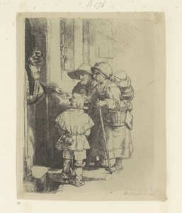 Rodzina żebrząca otrzymuje jałmużnę w drzwiach domu Recueil de quatre-vingt-cinq estampes originales (tytuł serii) autorstwa Rembrandt van Rijn