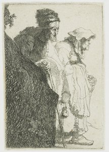 Żebrak, mężczyzna i kobieta za bankiem Żebrak, mężczyzna i kobieta za bankiem autorstwa Rembrandt van Rijn