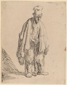 Żebrak w wysokiej czapce, stojąc i opierając się na patyku autorstwa Rembrandt van Rijn