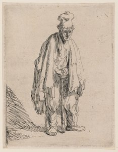 Żebrak w czapce z wysokim daszkiem, stojący i opierający się na lasce autorstwa Rembrandt van Rijn