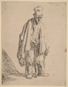 Żebrak w czapce z wysokim daszkiem, stojący i opierający się na lasce autorstwa Rembrandt van Rijn