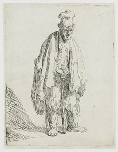 Żebrak w wysokiej czapce, stojący i opierający się na lasce autorstwa Rembrandt van Rijn