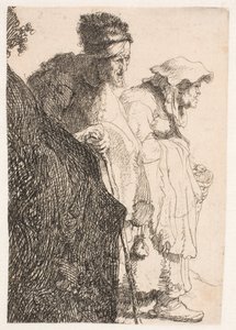 Żebrak i żebraczka stojący za bankiem autorstwa Rembrandt van Rijn