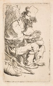 Żebrak siedzący i ogrzewający sobie ręce przy podgrzewaczu do potraw autorstwa Rembrandt van Rijn