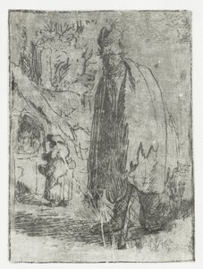Żebrak z chatą i dwiema postaciami w tle autorstwa Rembrandt van Rijn