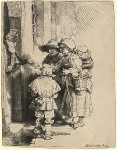 Żebracy otrzymujący jałmużnę u drzwi domu autorstwa Rembrandt van Rijn