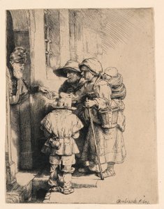 Żebracy otrzymujący jałmużnę u drzwi domu autorstwa Rembrandt van Rijn