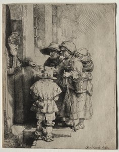 Żebracy otrzymujący jałmużnę u drzwi domu autorstwa Rembrandt van Rijn