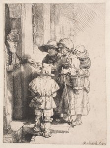 Żebracy otrzymujący jałmużnę przed drzwiami domu autorstwa Rembrandt van Rijn