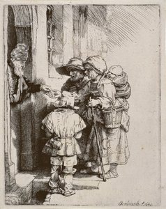 Żebracy otrzymujący jałmużnę przed drzwiami domu, 1648 (suchoryt)