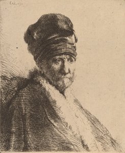 Popiersie mężczyzny w wysokiej czapce, trzy czwarte na prawo od ojca artysty, 1630. autorstwa Rembrandt van Rijn